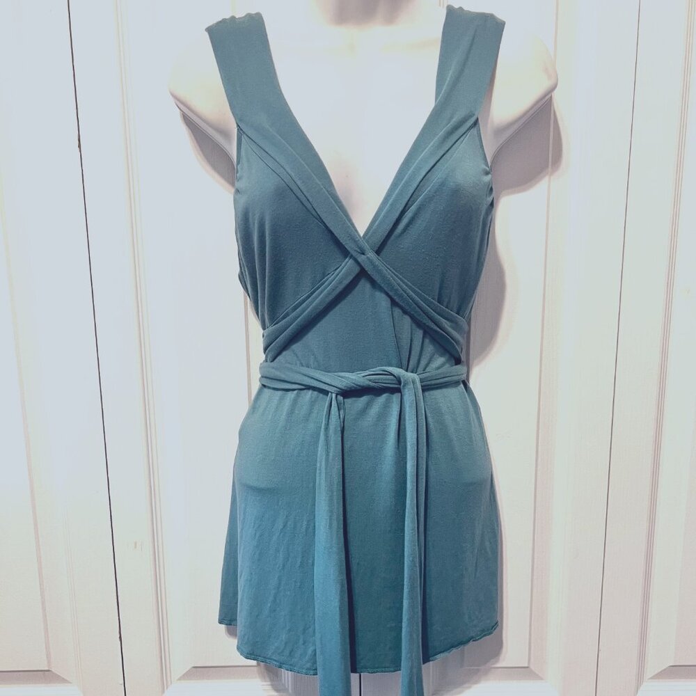 Banana Republic Sleeveless Summer Tie Waist Top-Sz. Med-Teal/Stretch-V Neck- - Picture 3 of 13